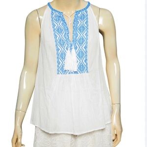 Joie White Cotton Sleeveless Top with Blue Embroidery and Tassels